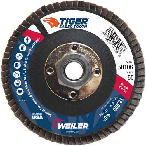 4-1/2″ Saber Tooth Ceramic Abrasive Flap Disc, Angled, Phenolic Back,60C, 5/8″-11 UNC Nut - Benchmark Tooling