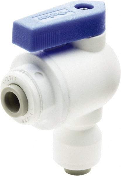 Parker - 3/8" Pipe, Full Port, Polypropylene Valve Elbow Union Ball Valve - Bi-Directional, Push-to-Connect x Push-to-Connect Ends, Wedge Handle, 150 WOG - Benchmark Tooling