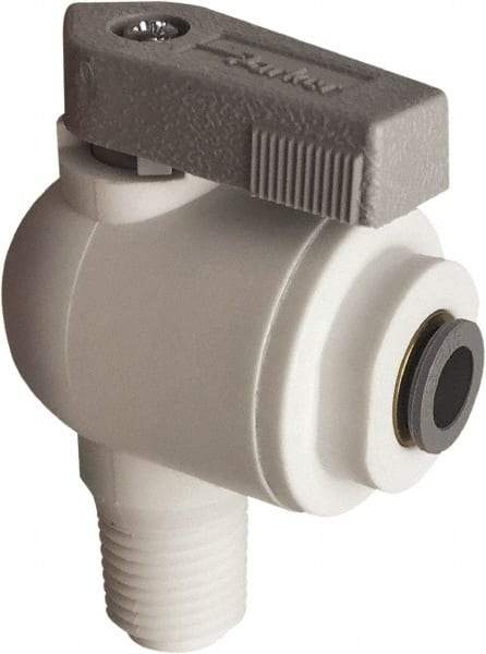 Parker - 3/8" Pipe, Full Port, Polypropylene Valve Male Elbow Ball Valve - Bi-Directional, MNPT x Push-to-Connect Ends, Wedge Handle, 150 WOG - Benchmark Tooling