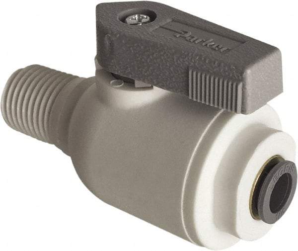 Parker - 1/2" Pipe, Full Port, Polypropylene Valve Male Connector Ball Valve - Bi-Directional, MNPT x Push-to-Connect Ends, Wedge Handle, 150 WOG - Benchmark Tooling
