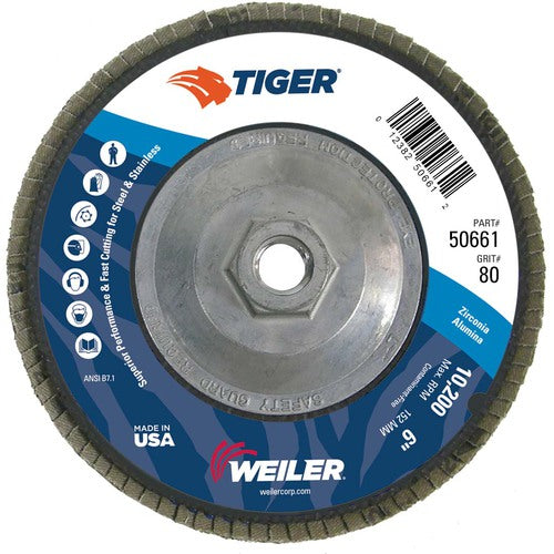 6″ Tiger Disc Abrasive Flap Disc, Angled, Phenolic Backing, 80Z, 5/8″-11 UNC Nut - Benchmark Tooling