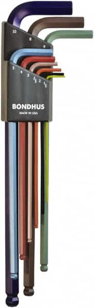 Bondhus - 9 Piece L-Key Ball End Hex Key Set - Hex Range 1.5 to 10mm, 8.4" OAL - Benchmark Tooling