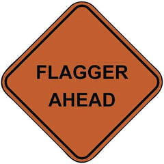 PRO-SAFE - "Flagger Ahead", 48" Wide x 48" High, Nylon Construction Roadway Signs - Orange, Square, Sign Stand Mount - Benchmark Tooling