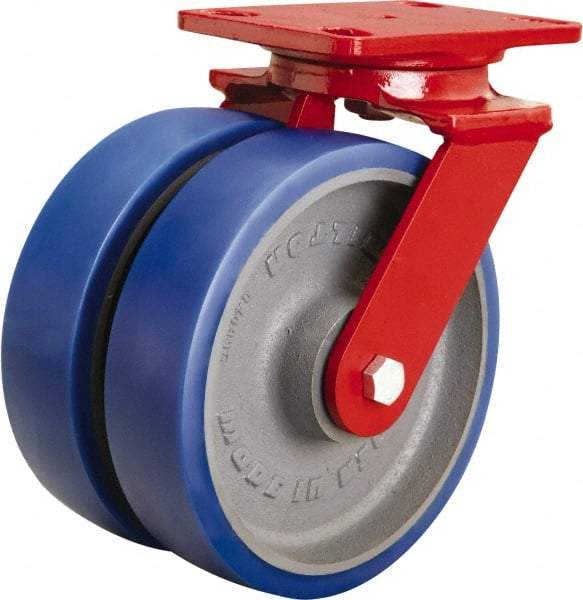 Hamilton - 8" Diam x 2" Wide x 9-3/4" OAH Top Plate Mount Swivel Caster - Polyurethane Mold onto Cast Iron Center, 2,400 Lb Capacity, Tapered Roller Bearing, 4-1/2 x 6-1/2" Plate - Benchmark Tooling