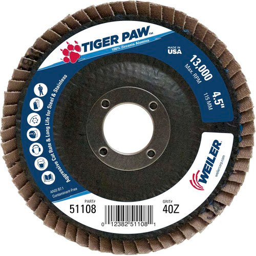 4 1/2″ × 7/8″-40 Grit - T27 Tiger Paw Zirc Flap Disc Phenolic Back - Benchmark Tooling