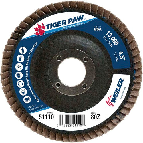 4 1/2″ × 7/8″-80 Grit -á T27 Tiger Paw Zirc Flap Disc Phenolic Back - Benchmark Tooling