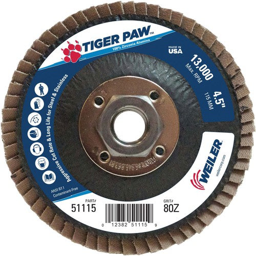 4 1/2″ × 5/8″-11-80 Grit - T27 Tiger Paw Zirc Flap Disc Phenolic Back - Benchmark Tooling