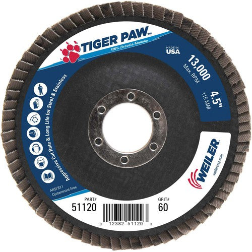 4-1/2″ Tiger Paw Abrasive Flap Disc, Angled, Phenolic Backing, 60Z, 7/8″ Arbor Hole - Benchmark Tooling