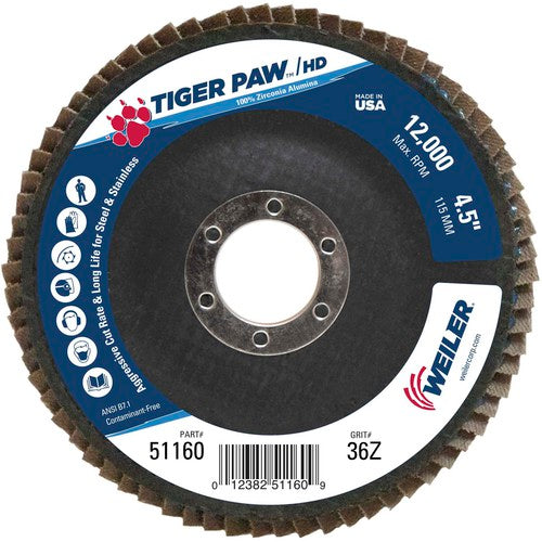 4 1/2″ × 7/8″-36 Grit - T27 Tiger Paw High Density Zirc Flap Disc Phenolic Back - Benchmark Tooling