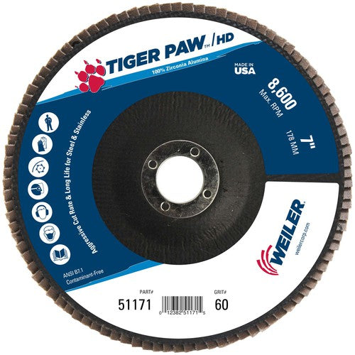 7″ Tiger Paw Super High Density Flap Disc, Flat, Phenolic Backing, 60Z, 7/8″ Arbor Hole - Benchmark Tooling