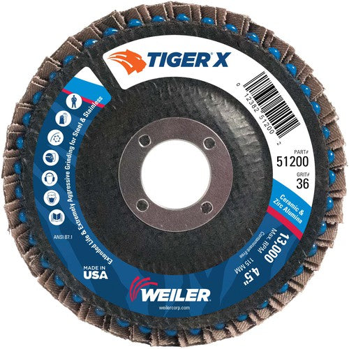 4 1/2″ Diameter - Tiger X Flap Disc, Angled, Phenolic Backing, 36Z, 7/8″ Diameter - Arbor Hole - Benchmark Tooling