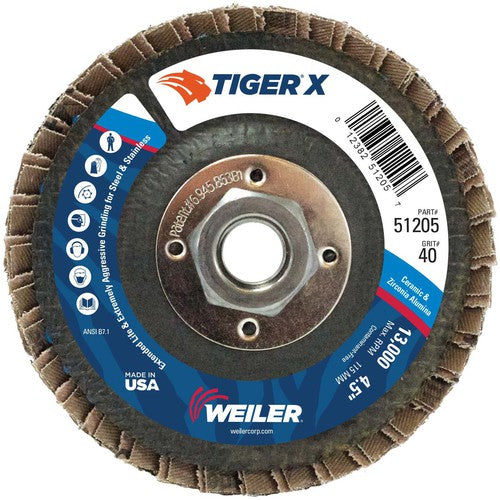 4 1/2″ Diameter - Tiger X Flap Disc, Angled, Phenolic Backing, 40Z, 5/8″ Diameter - 11 UNC Nut - Benchmark Tooling