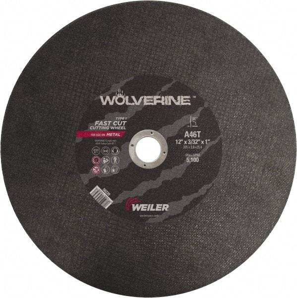 Weiler - 12" 46 Grit Aluminum Oxide Cutoff Wheel - 3/32" Thick, 1" Arbor, 5,100 Max RPM, Use with Chop Saws - Benchmark Tooling