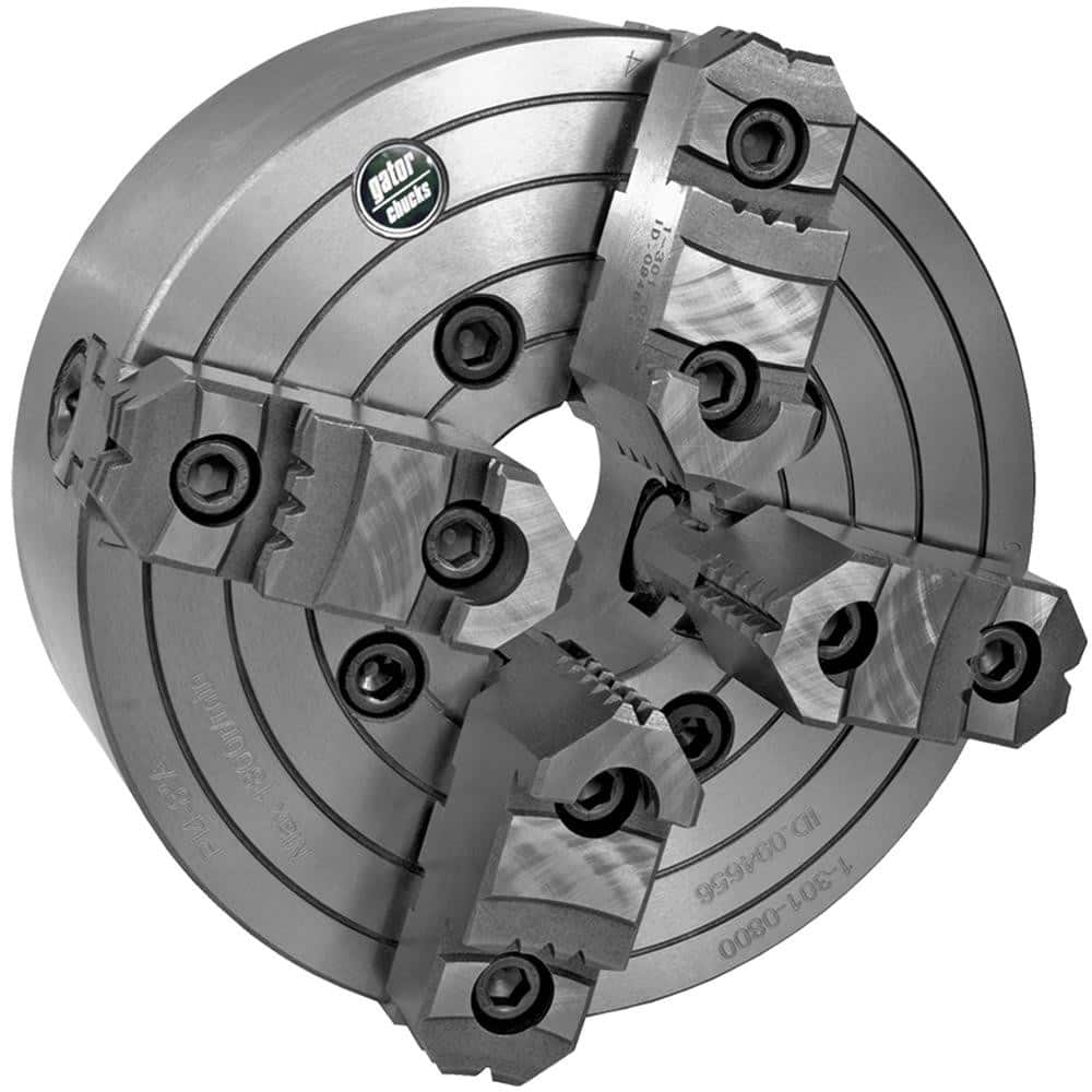 Independent Manual Lathe Chuck: 4-Jaw, 8″ Dia Two-Piece Jaws, Direct Mount, 1,800 Max RPM