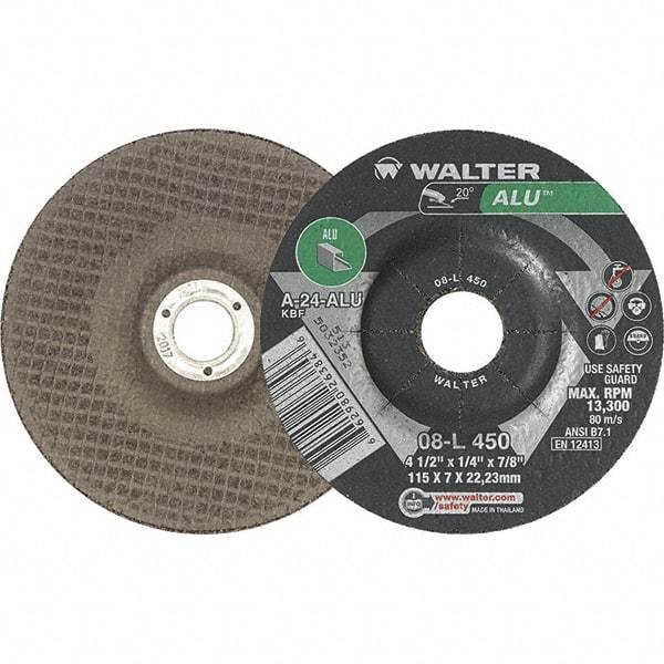 WALTER Surface Technologies - 24 Grit, 4-1/2" Wheel Diam, 1/4" Wheel Thickness, 7/8" Arbor Hole, Type 27 Depressed Center Wheel - Aluminum Oxide, 13,300 Max RPM - Benchmark Tooling