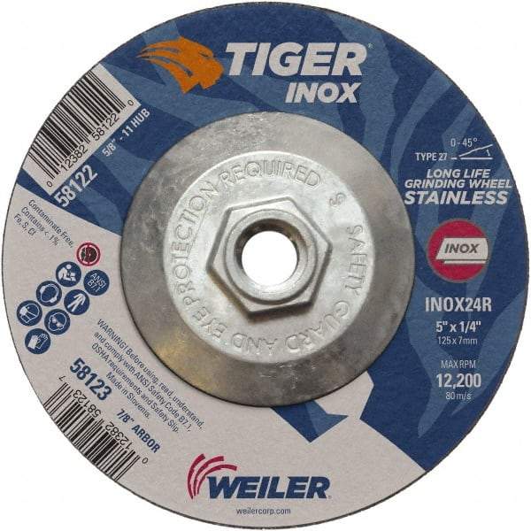 Weiler - 24 Grit, 5" Wheel Diam, 1/4" Wheel Thickness, Type 27 Depressed Center Wheel - Coarse Grade, Aluminum Oxide, Resinoid Bond, R Hardness, 12,200 Max RPM - Benchmark Tooling
