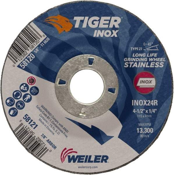 Weiler - 24 Grit, 4-1/2" Wheel Diam, 1/4" Wheel Thickness, 7/8" Arbor Hole, Type 27 Depressed Center Wheel - Coarse Grade, Aluminum Oxide, Resinoid Bond, R Hardness, 13,300 Max RPM - Benchmark Tooling