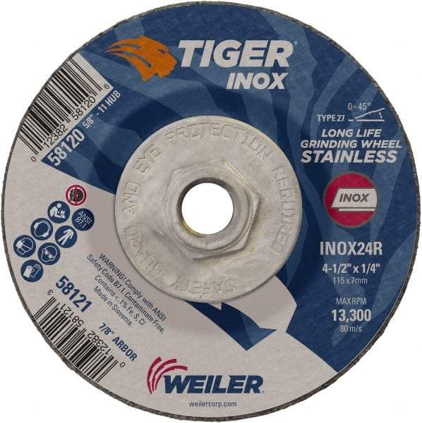 Weiler - 24 Grit, 4-1/2" Wheel Diam, 1/4" Wheel Thickness, Type 27 Depressed Center Wheel - Coarse Grade, Aluminum Oxide, Resinoid Bond, R Hardness, 13,300 Max RPM - Benchmark Tooling