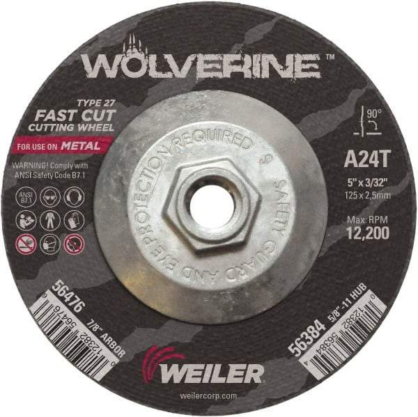 Weiler - 24 Grit, 5" Wheel Diam, 3/32" Wheel Thickness, Type 27 Depressed Center Wheel - Coarse Grade, Aluminum Oxide, Resinoid Bond, T Hardness, 12,200 Max RPM - Benchmark Tooling