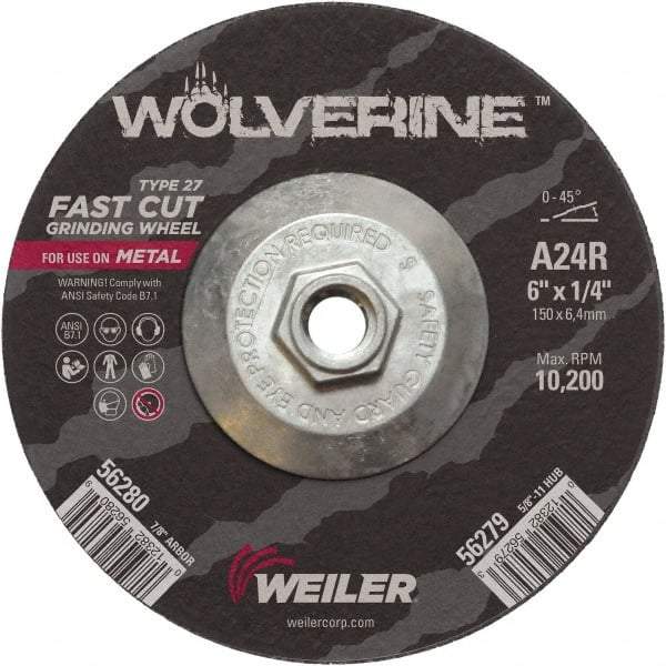 Weiler - 24 Grit, 6" Wheel Diam, 1/4" Wheel Thickness, Type 27 Depressed Center Wheel - Coarse Grade, Aluminum Oxide, Resinoid Bond, R Hardness, 10,200 Max RPM - Benchmark Tooling
