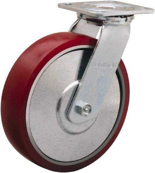 Hamilton - 8" Diam x 2" Wide x 9-1/2" OAH Top Plate Mount Swivel Caster - Polyurethane on Aluminum, 900 Lb Capacity, Straight Roller Bearing, 4 x 4-1/2" Plate - Benchmark Tooling