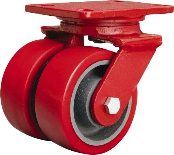 Hamilton - 4" Diam x 2" Wide x 5-5/8" OAH Top Plate Mount Dual Swivel Caster - Polyurethane Mold onto Cast Iron Center, 1,800 Lb Capacity, Sealed Precision Ball Bearing, 4-1/2 x 6-1/2" Plate - Benchmark Tooling