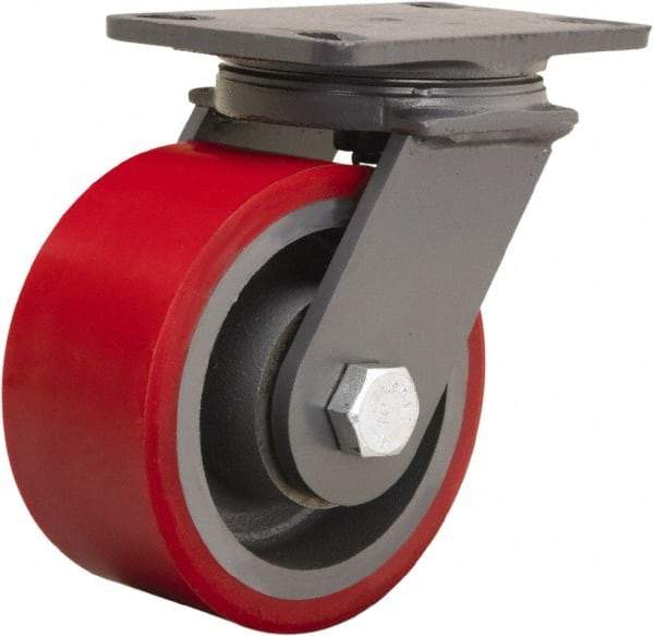 Hamilton - 6" Diam x 3" Wide x 7-3/4" OAH Top Plate Mount Swivel Caster - Polyurethane Mold onto Cast Iron Center, 2,400 Lb Capacity, Tapered Roller Bearing, 4-1/2 x 6-1/2" Plate - Benchmark Tooling