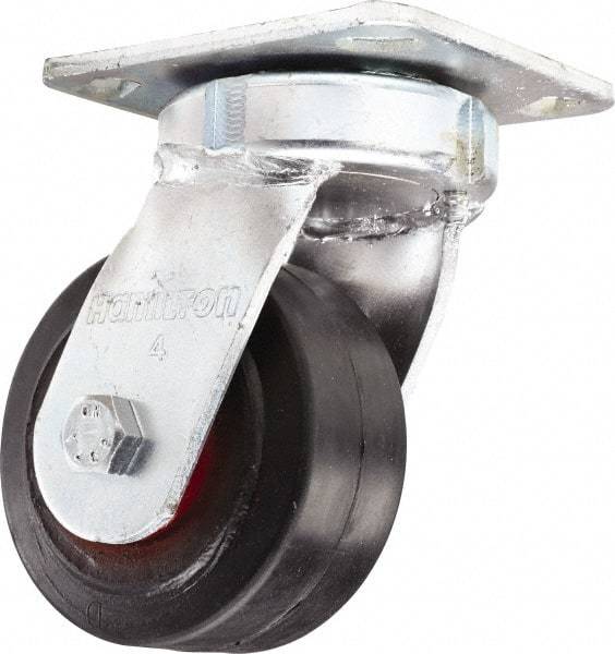 Hamilton - 4" Diam x 2" Wide x 5-5/8" OAH Top Plate Mount Swivel Caster - Rubber Mold on Cast Iron, Straight Roller Bearing, 4 x 4-1/2" Plate - Benchmark Tooling