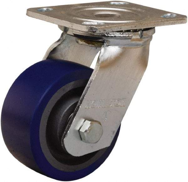 Hamilton - 4" Diam x 2" Wide x 5-5/8" OAH Top Plate Mount Swivel Caster - Polyurethane Mold onto Cast Iron Center, 600 Lb Capacity, Sealed Precision Ball Bearing, 4 x 4-1/2" Plate - Benchmark Tooling