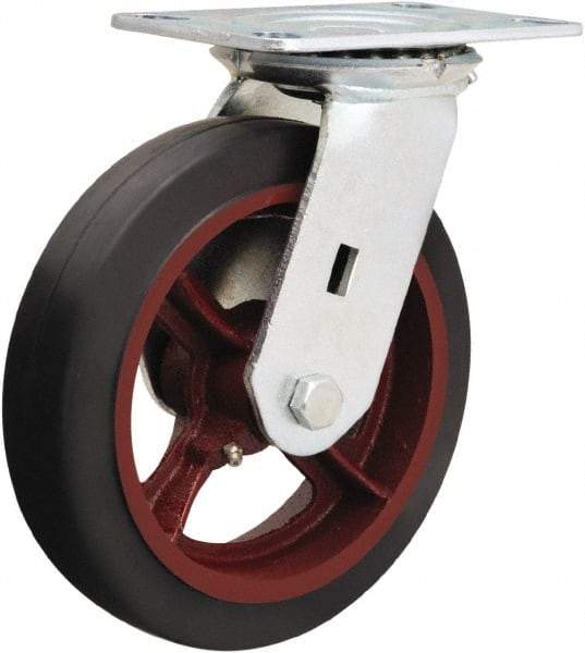 Hamilton - 8" Diam x 2" Wide x 9-1/2" OAH Top Plate Mount Swivel Caster - Rubber Mold on Cast Iron, 500 Lb Capacity, Straight Roller Bearing, 4-1/2 x 6-1/4" Plate - Benchmark Tooling