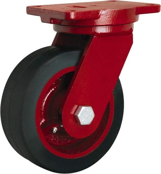 Hamilton - 8" Diam x 3" Wide x 10-1/2" OAH Top Plate Mount Swivel Caster - Rubber Mold on Cast Iron, 840 Lb Capacity, Straight Roller Bearing, 6-1/8 x 7-1/2" Plate - Benchmark Tooling