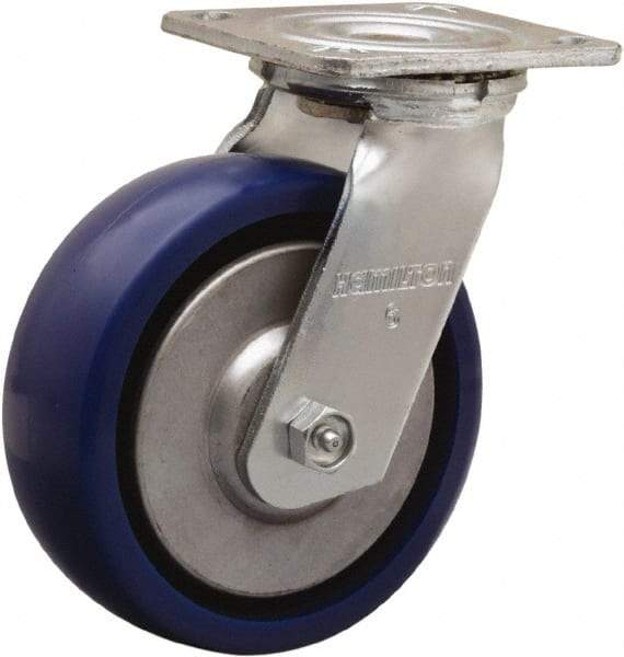 Hamilton - 6" Diam x 2" Wide x 7-1/2" OAH Top Plate Mount Swivel Caster - Polyurethane, 900 Lb Capacity, Sealed Precision Ball Bearing, 4 x 4-1/2" Plate - Benchmark Tooling