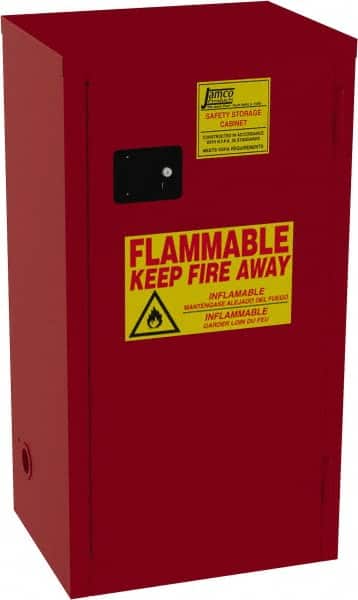 Jamco - 1 Door, 3 Shelf, Red Steel Double Wall Safety Cabinet for Flammable and Combustible Liquids - 35" High x 18" Wide x 23" Deep, Self Closing Door, 3 Point Key Lock, 24 Gal Capacity - Benchmark Tooling