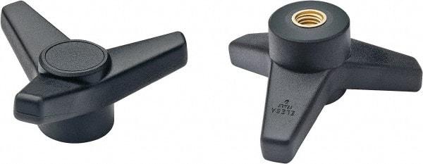 Elesa - 4" Head Diam, 3/8-16 Hole, 1-5/8" High, Glass Fibre Reinforced Technopolymer 3 Arm Knob - 1-7/16" Hub Diam, 1.42 Head Height, Female Insert Style, 3/4 Hole Depth, Black - Benchmark Tooling