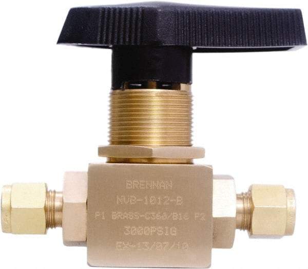Brennan - 3/8" Pipe, Tube End Connections, Brass, Inline, Two Way Flow, Instrumentation Ball Valve - 3,000 psi WOG Rating, Nylon Handle, PTFE Seal, PFA Seat, Swaglok B-44S6 - Benchmark Tooling