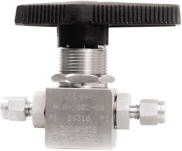 Brennan - 1/8" Pipe, Tube End Connections, Stainless Steel, Inline, Two Way Flow, Instrumentation Ball Valve - 3,000 psi WOG Rating, Nylon Handle, PTFE Seal, PFA Seat, Swaglok SS-41GS2 - Benchmark Tooling