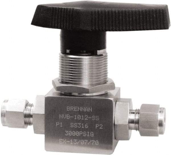 Brennan - 3/8" Pipe, Tube End Connections, Stainless Steel, Inline, Two Way Flow, Instrumentation Ball Valve - 3,000 psi WOG Rating, Nylon Handle, PTFE Seal, PFA Seat, Swaglok SS-44S6 - Benchmark Tooling