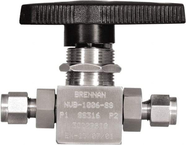 Brennan - 1/4" Pipe, Tube End Connections, Stainless Steel, Inline, Two Way Flow, Instrumentation Ball Valve - 3,000 psi WOG Rating, Nylon Handle, PTFE Seal, PFA Seat, Swaglok SS-43GS4 - Benchmark Tooling