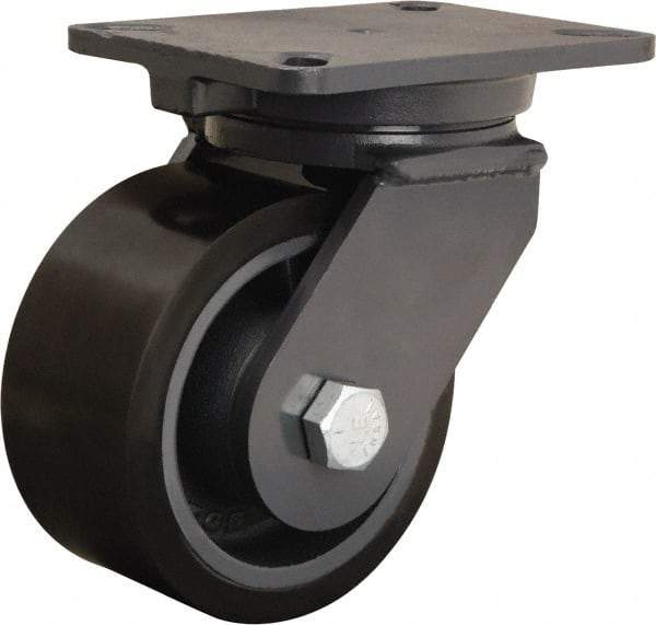 Hamilton - 6" Diam x 3" Wide x 8" OAH Top Plate Mount Swivel Caster - Polyurethane Mold onto Cast Iron Center, 2,860 Lb Capacity, Tapered Roller Bearing, 5-1/4 x 7-1/4" Plate - Benchmark Tooling