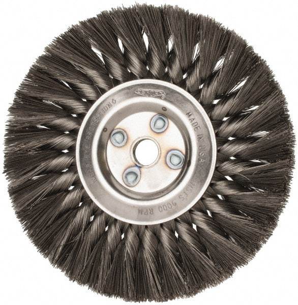 Osborn - 7" OD, 5/8" Arbor Hole, Knotted Steel Wheel Brush - 5/8" Face Width, 1-3/4" Trim Length, 0.0118" Filament Diam, 9,000 RPM - Benchmark Tooling