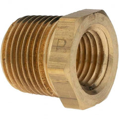 Parker - 3/8 Male Thread x 1/4 Female Thread, Brass Industrial Pipe Hex Bushing - MNPTF x FNPTF, 1,000 psi - Benchmark Tooling