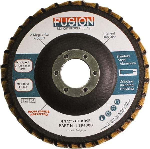 Rex Cut Product - 60 Grit, 4-1/2" Disc Diam, 7/8" Center Hole, Type 29 Aluminum Oxide Flap Disc - 13,300 Max RPM, Fiberglass Backing, Arbor Attaching System, Coated & Non-Woven Combo - Benchmark Tooling