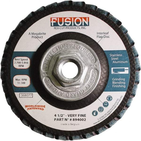 Rex Cut Product - 120 Grit, 4-1/2" Disc Diam, 5/8-11 Center Hole, Type 29 Aluminum Oxide Flap Disc - 13,300 Max RPM, Fiberglass Backing, Arbor Attaching System, Coated & Non-Woven Combo - Benchmark Tooling