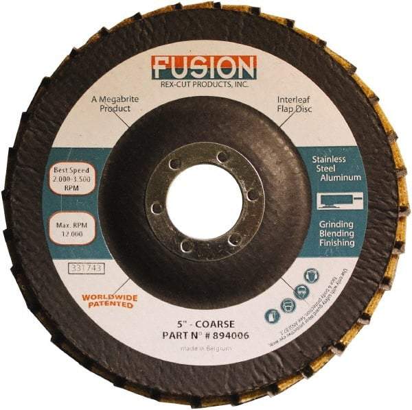 Rex Cut Product - 60 Grit, 5" Disc Diam, 7/8" Center Hole, Type 29 Aluminum Oxide Flap Disc - 12,200 Max RPM, Fiberglass Backing, Arbor Attaching System, Coated & Non-Woven Combo - Benchmark Tooling
