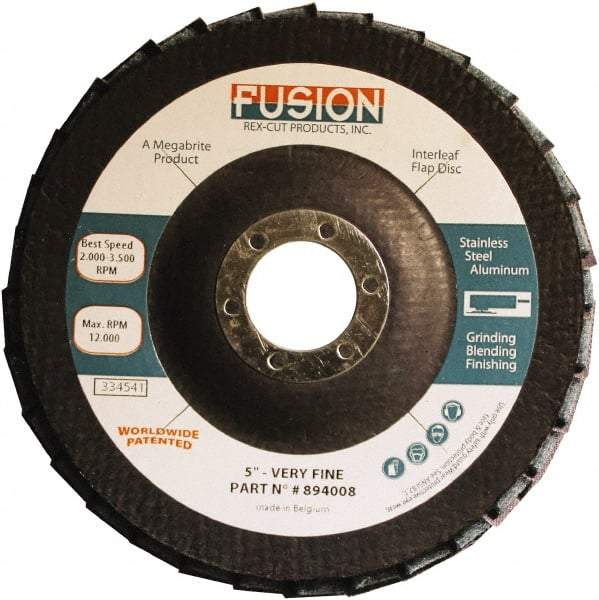 Rex Cut Product - 120 Grit, 5" Disc Diam, 7/8" Center Hole, Type 29 Aluminum Oxide Flap Disc - 12,200 Max RPM, Fiberglass Backing, Arbor Attaching System, Coated & Non-Woven Combo - Benchmark Tooling