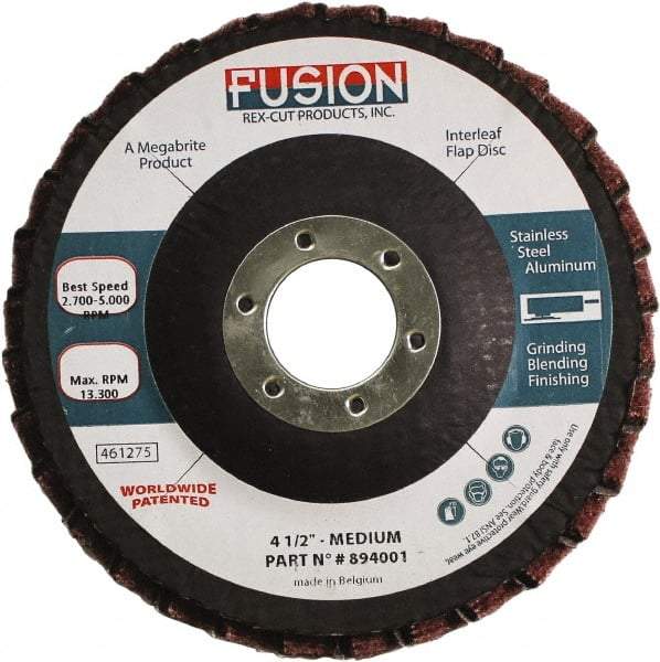 Rex Cut Product - 80 Grit, 4-1/2" Disc Diam, 7/8" Center Hole, Type 29 Aluminum Oxide Flap Disc - 13,300 Max RPM, Fiberglass Backing, Arbor Attaching System, Coated & Non-Woven Combo - Benchmark Tooling