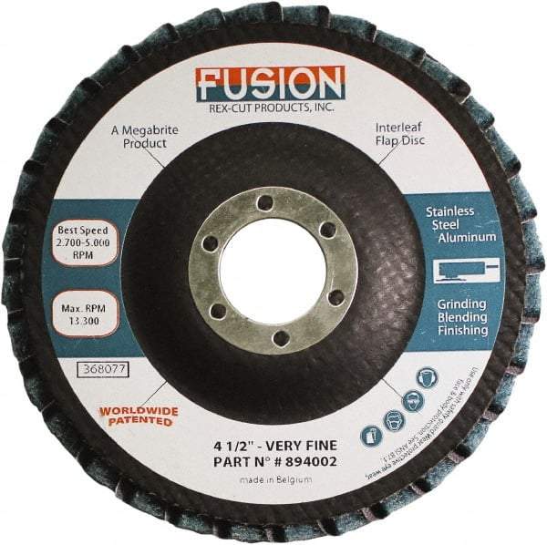 Rex Cut Product - 120 Grit, 4-1/2" Disc Diam, 7/8" Center Hole, Type 29 Aluminum Oxide Flap Disc - 13,300 Max RPM, Fiberglass Backing, Arbor Attaching System, Coated & Non-Woven Combo - Benchmark Tooling