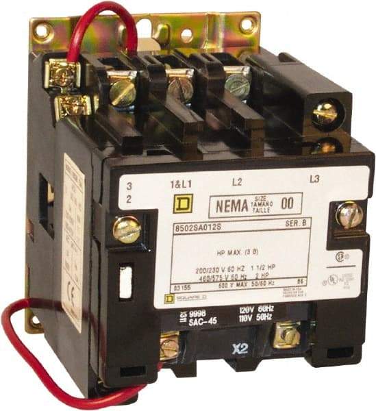Square D - 2 Pole, 110 Coil VAC at 50 Hz and 120 Coil VAC at 60 Hz, 18 Amp NEMA Contactor - Open Enclosure, 50 Hz at 110 VAC and 60 Hz at 120 VAC - Benchmark Tooling