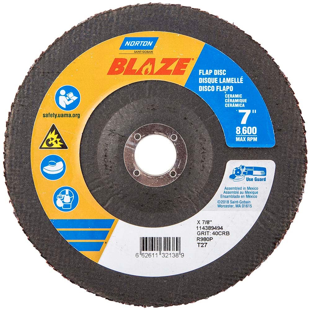 Norton - 7" 40 Grit 7/8" Center Hole Type 27 Ceramic Alumina Flap Disc - Benchmark Tooling
