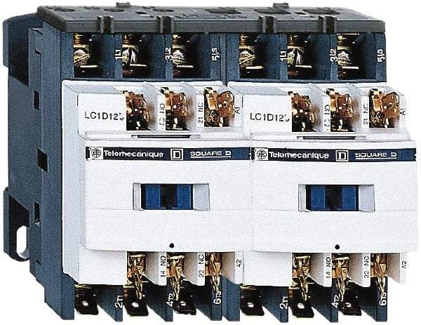 Schneider Electric - 3 Pole, 24 Coil VAC at 50/60 Hz, 9 Amp at 440 VAC, Reversible IEC Contactor - 1 Phase hp: 0.5 at 115 VAC, 1 at 230/240 VAC, 3 Phase hp: 2 at 200/208 VAC, 2 at 230/240 VAC, 5 at 460/480 VAC, 7.5 at 575/600 VAC - Benchmark Tooling